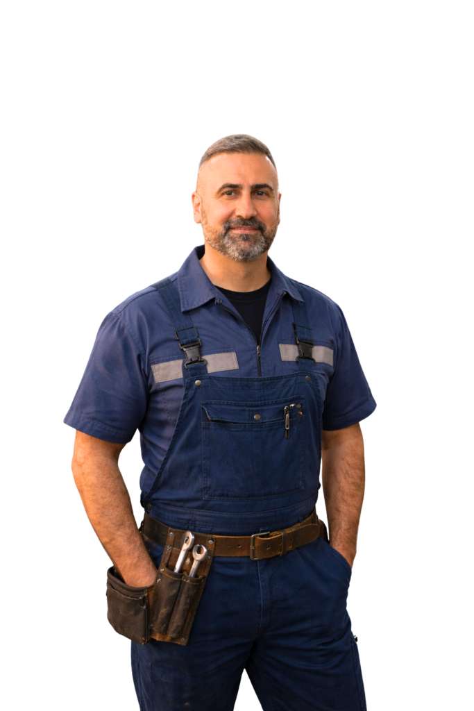 Professional car mechanic standing confidently inside a modern vehicle repair garage, wearing a blue service uniform with tools in the background.