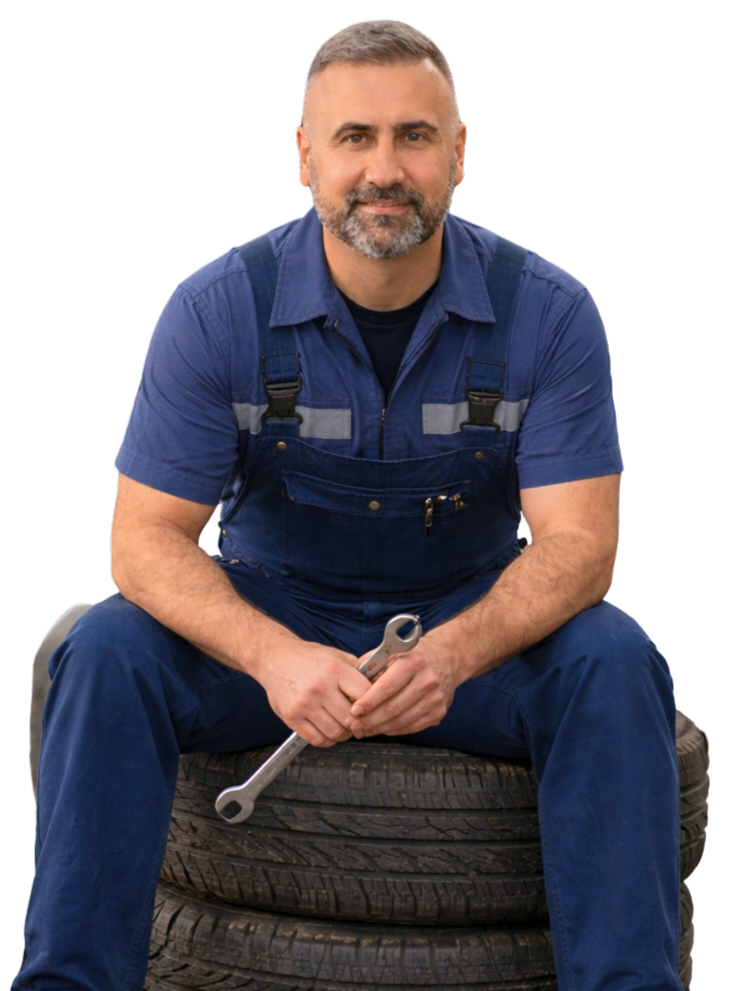Experienced vehicle technician sitting on a car tyre inside a workshop, wearing a mechanic’s uniform and holding tools in a clean, professional garage environment.